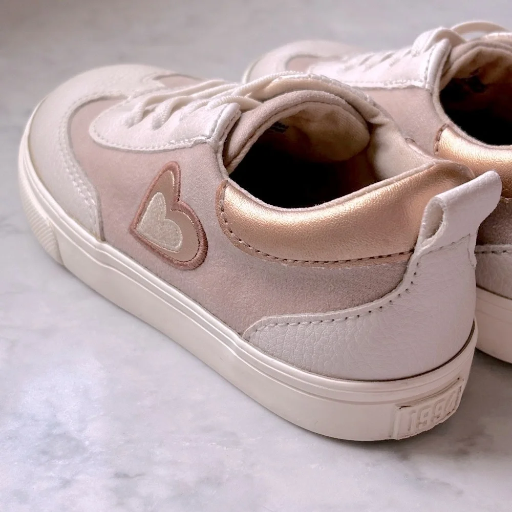 Old Navy White and Rose Gold Tan Suede Retro slip-on Sneakers with Heart Accent